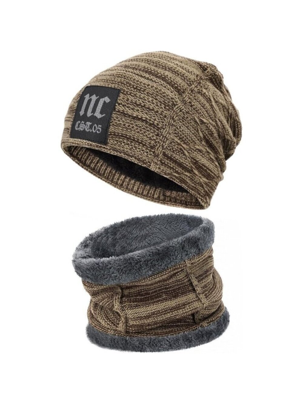 🆕 Men Khaki Fleece Lined Winter Cap Beanie Scarf Set Knit Neck Warmer Nice Hat